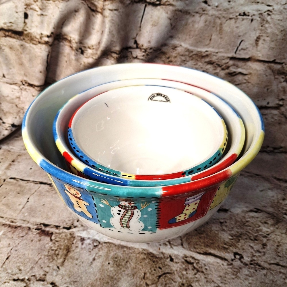 Set of 3 Nesting Holiday Mixing‎ Bowls Over and Back Indoor Outfitter 9" ,8", 6"